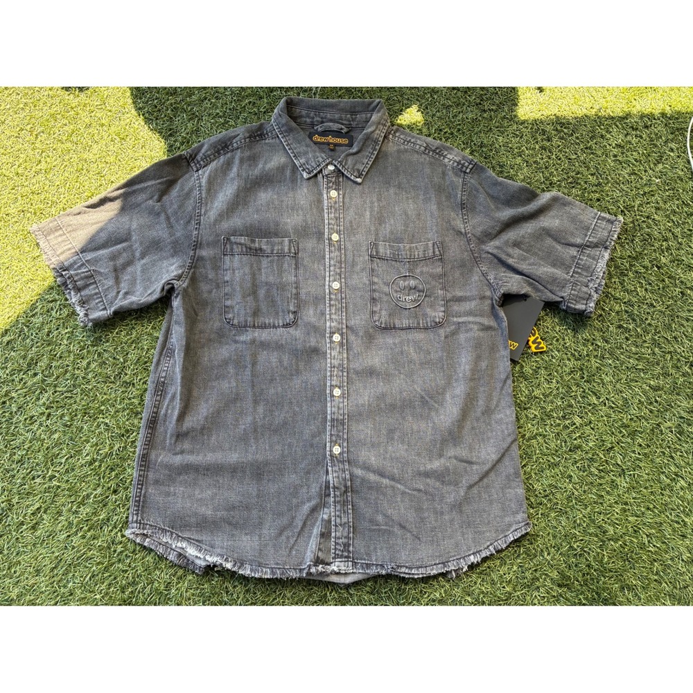 Drew House Denim Shirt Light Black Smiley Face Short Sleeve XS